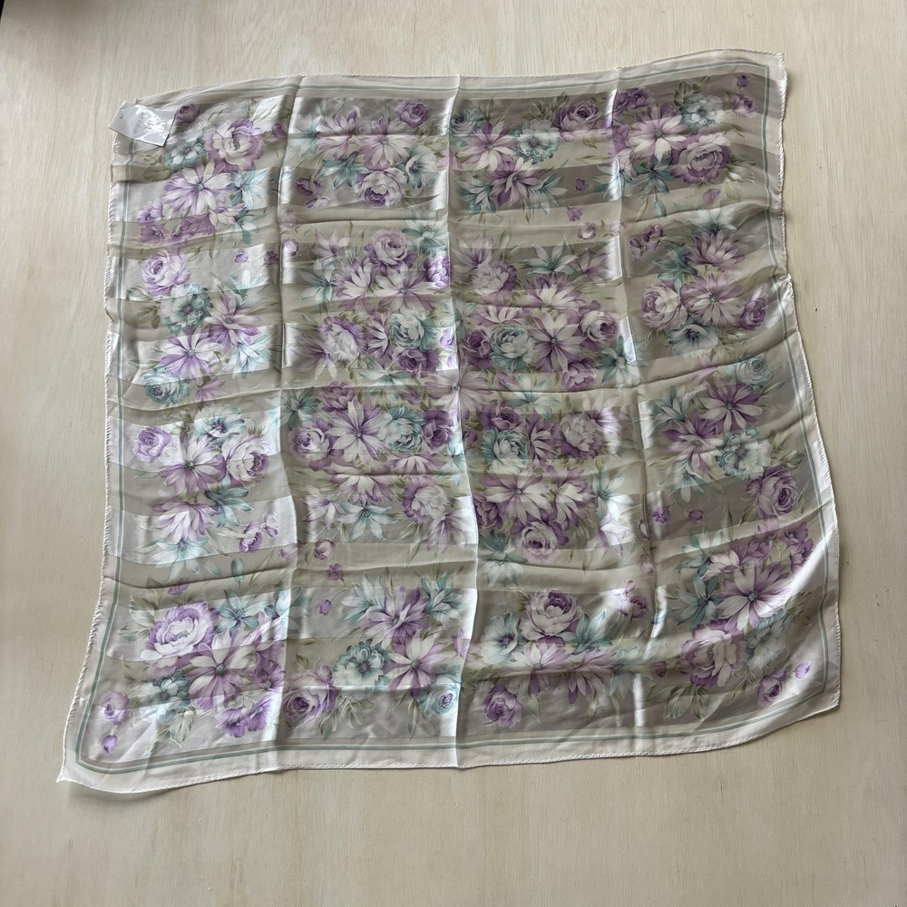 Jun Ashida Scarf Womens One Size Purple Floral Satin Square Neck Wrap Shawl
